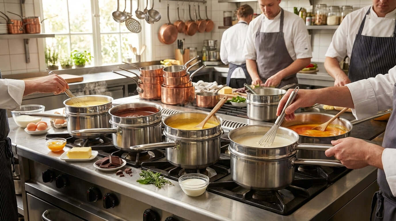 5 Classic Sauces That Demand a Double Boiler being prepared in a professional kitchen with chefs whisking sauces in pots over gentle heat