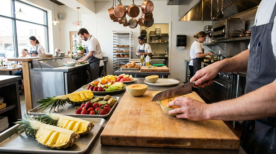 Boost Your Prep Speed: How the Right Knife Can Revolutionize Your Fruit Platter Service - chef slicing fruit fast in commercial kitchen