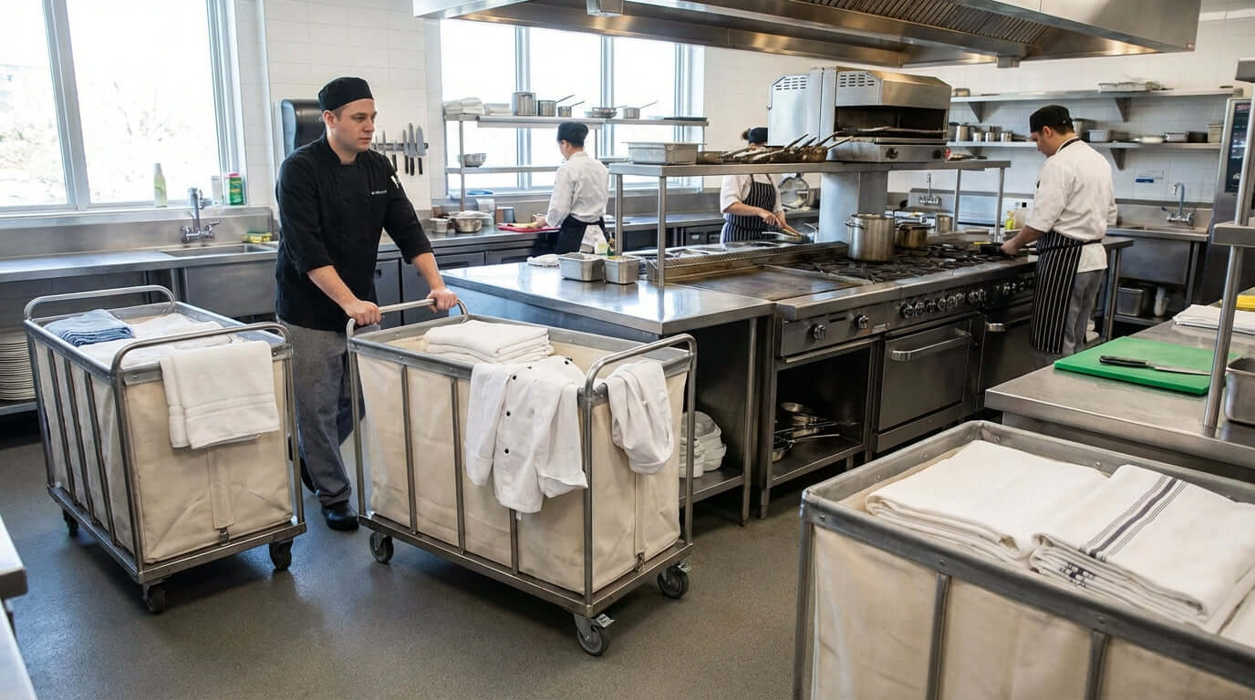 Maximizing Hotel Operations with Versatile Linen and Laundry Carts in commercial hotel kitchen with staff moving linen carts