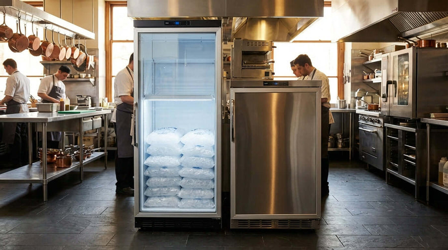 Glass Door vs. Solid Door: Which Ice Merchandiser is Right for Your Business? glass and solid door ice merchandiser in commercial kitchen