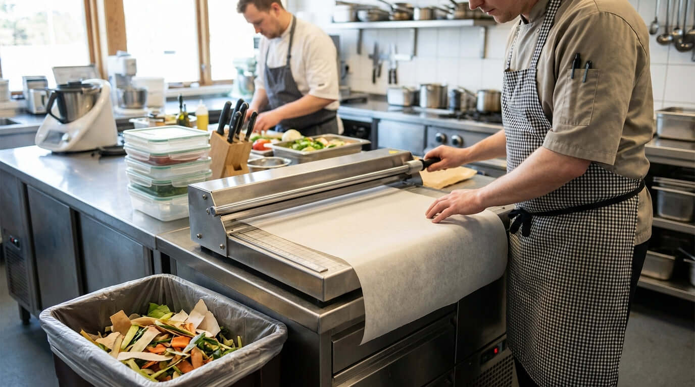 5 Ways a Professional Paper Cutter Improves Kitchen Safety and Reduces Waste - chef using paper cutter to prep parchment in commercial kitchen
