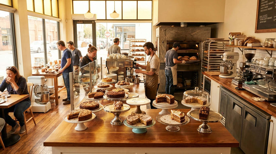 How to Choose the Perfect Cake Stand for Your Bakery or Cafe: bakery counter with cakes on stands, warm cafe interior and display