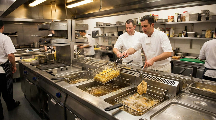 The Ultimate Buyers Guide to Commercial Electric Floor Fryers - chefs frying fries and chicken in a busy commercial kitchen