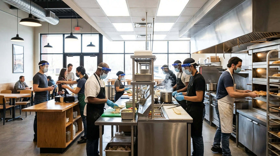 Navigating Health Codes: A Guide to PPE for Food Service Businesses - food service staff wearing masks and face shields in commercial kitchen