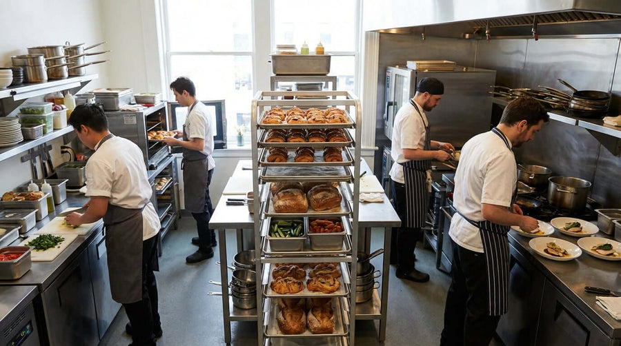 Small Kitchen, Big Output: How Nesting Racks Can Revolutionize Your Space in a busy commercial kitchen with nesting racks and bakers