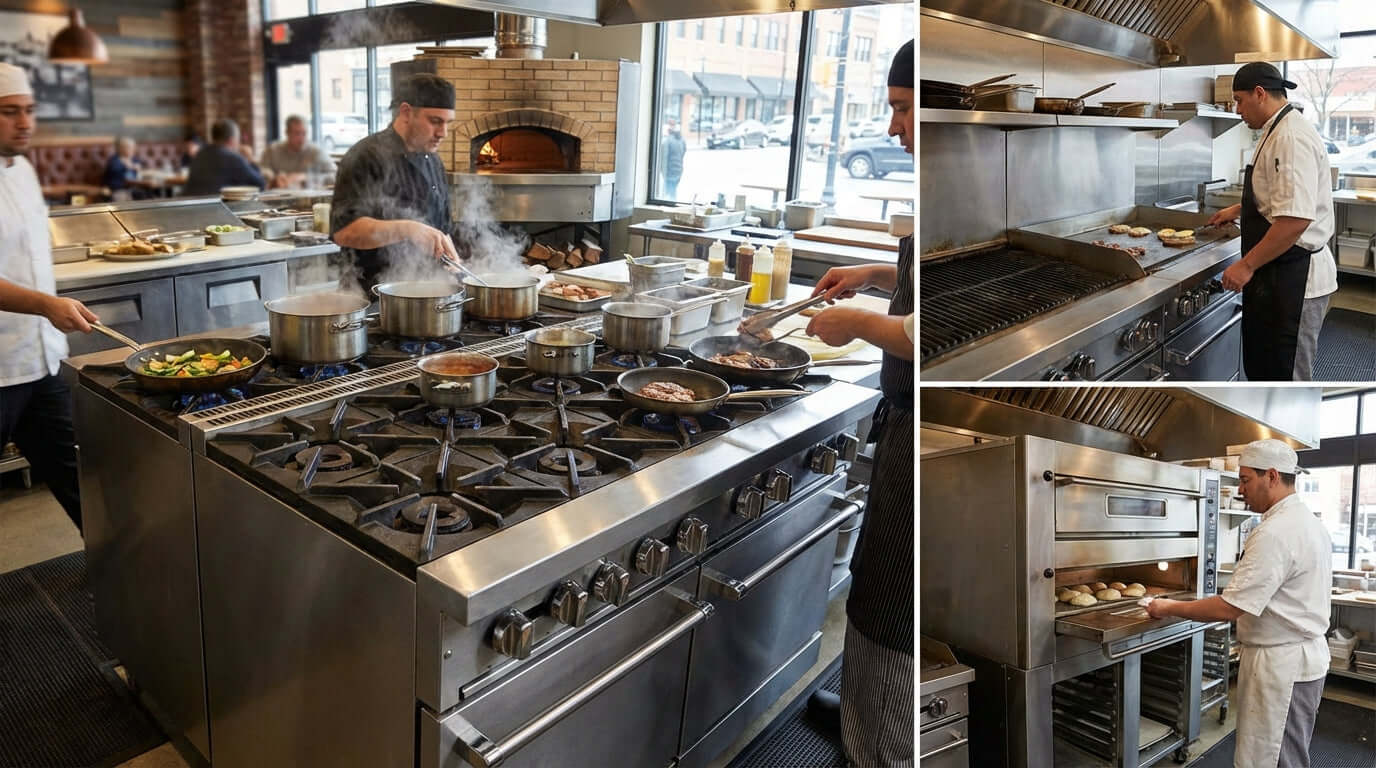Alt Tag: The Ultimate Buyers Guide to Commercial Natural Gas Ranges in busy restaurant kitchen with chefs cooking on large stainless gas range