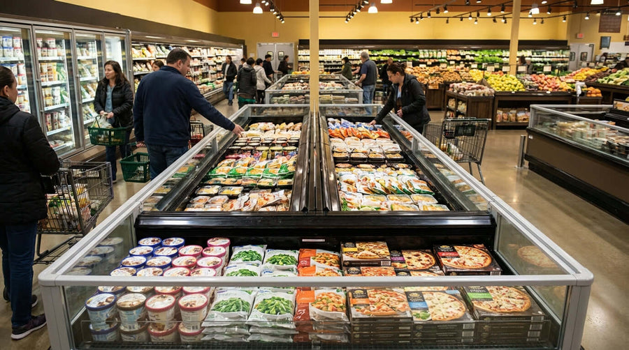 Beyond the Cold: 5 Merchandising Tips to Make Your Island Freezer a Hotspot - shoppers browsing well-stocked grocery island freezer