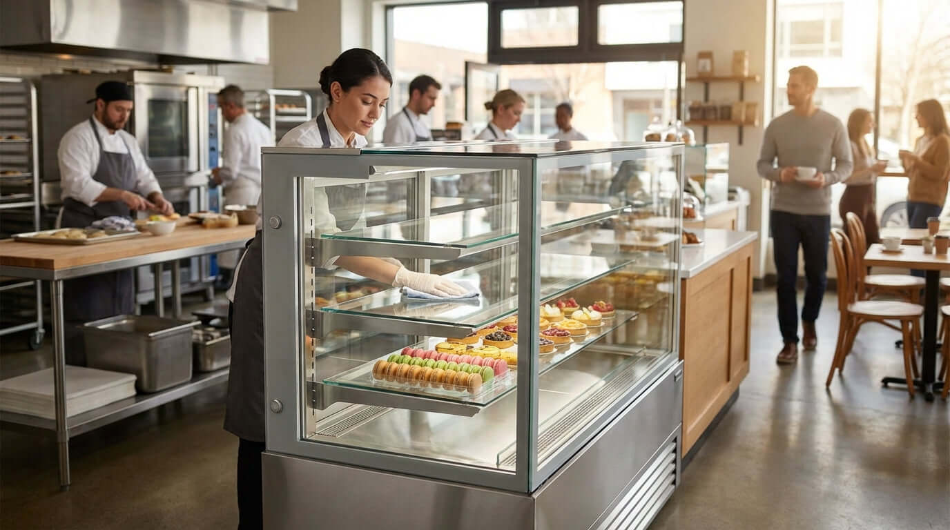 Keep it Cool & Clean: A Step-by-Step Maintenance Guide for Your Pastry Display in bakery staff cleaning refrigerated pastry display case