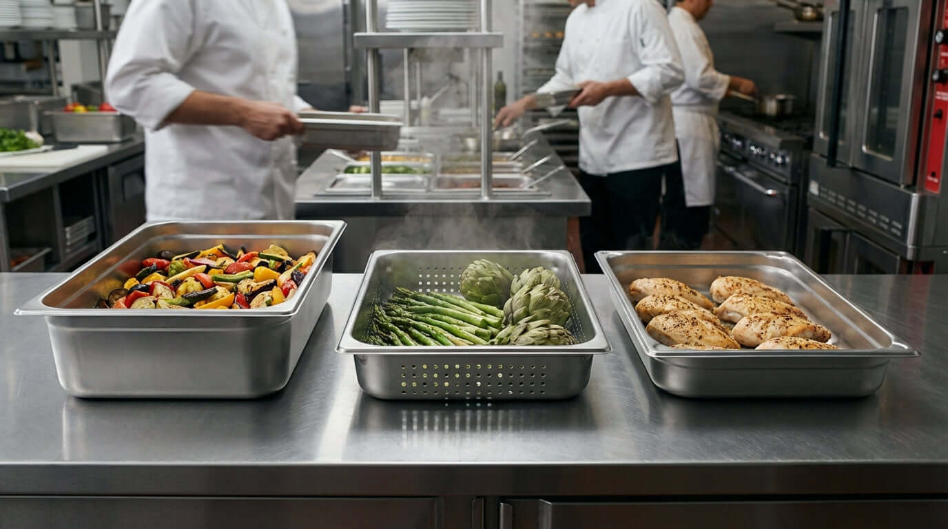Anti-Jam, Perforated, & Solid: Decoding the Features of a Perfect Food Pan in a commercial kitchen with solid and perforated pans holding vegetables and chicken