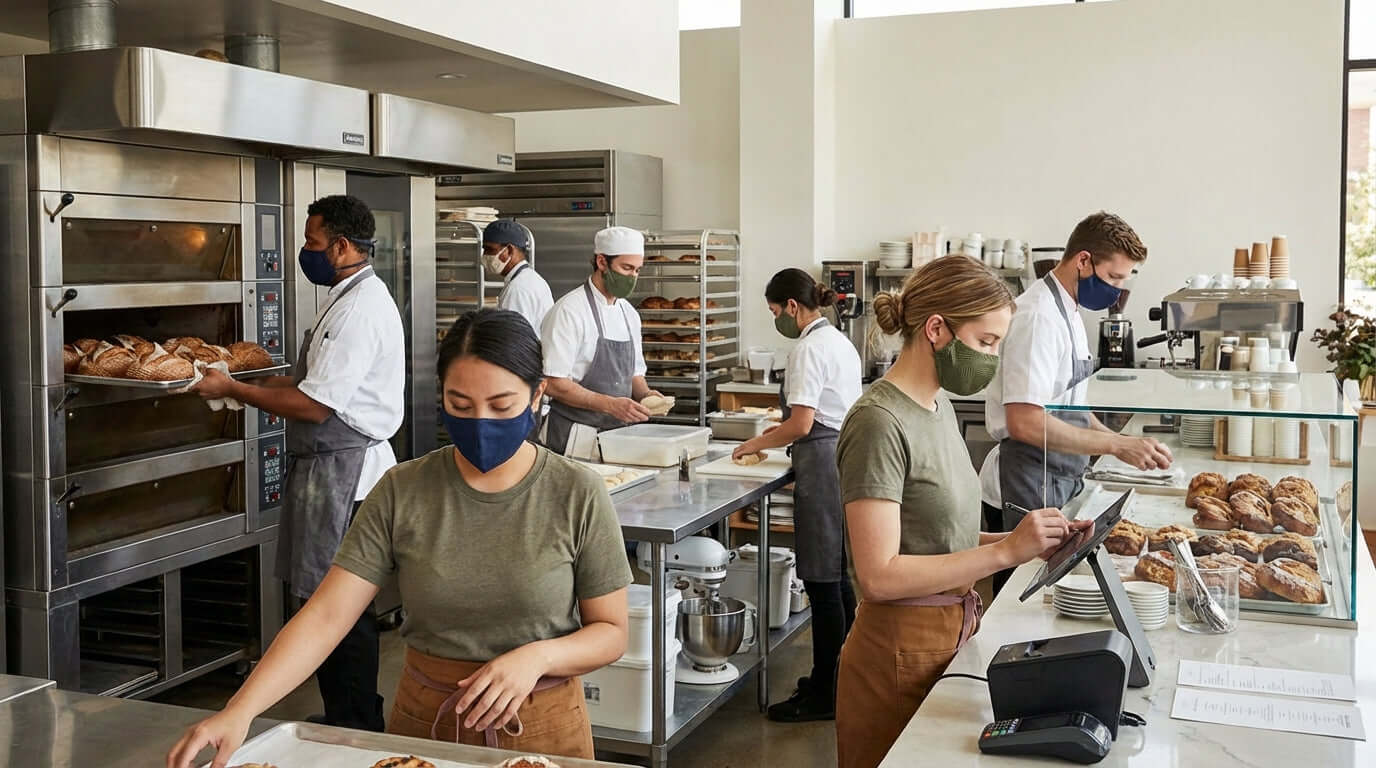 Alt Tag: Branded Masks: Turning a Safety Essential into a Marketing Opportunity in a bakery kitchen with masked staff preparing and selling fresh bread