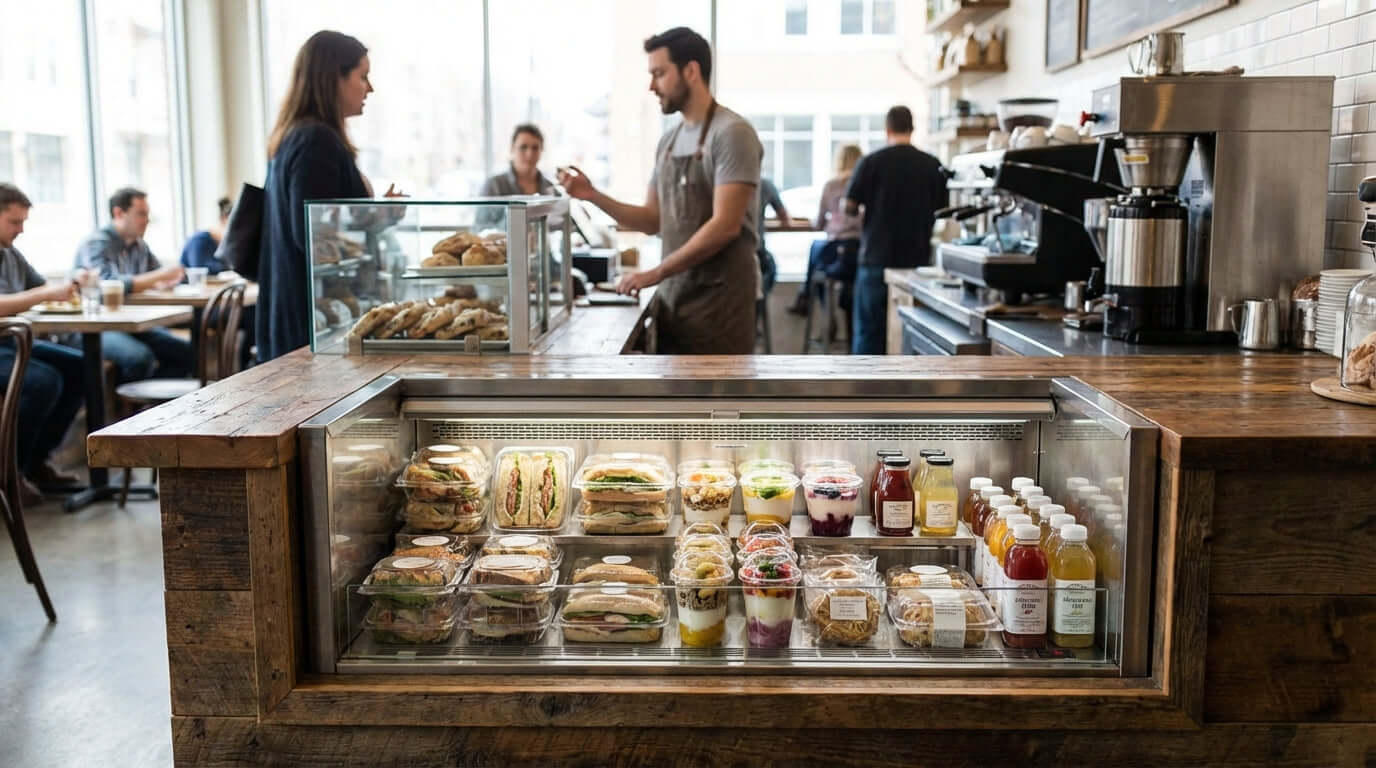 Boosting Impulse Buys: 7 Merchandising Secrets for Your Drop-In Display drop-in refrigerated showcase with grab-and-go sandwiches, drinks in cafe