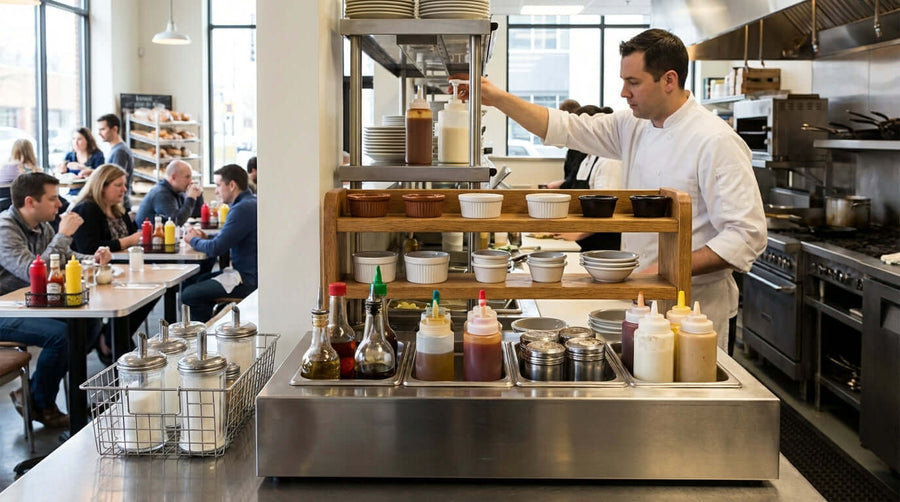 A Buyers Guide to Commercial Condiment Holders: Choosing by Material, Style, and Function restaurant condiment station with bottles