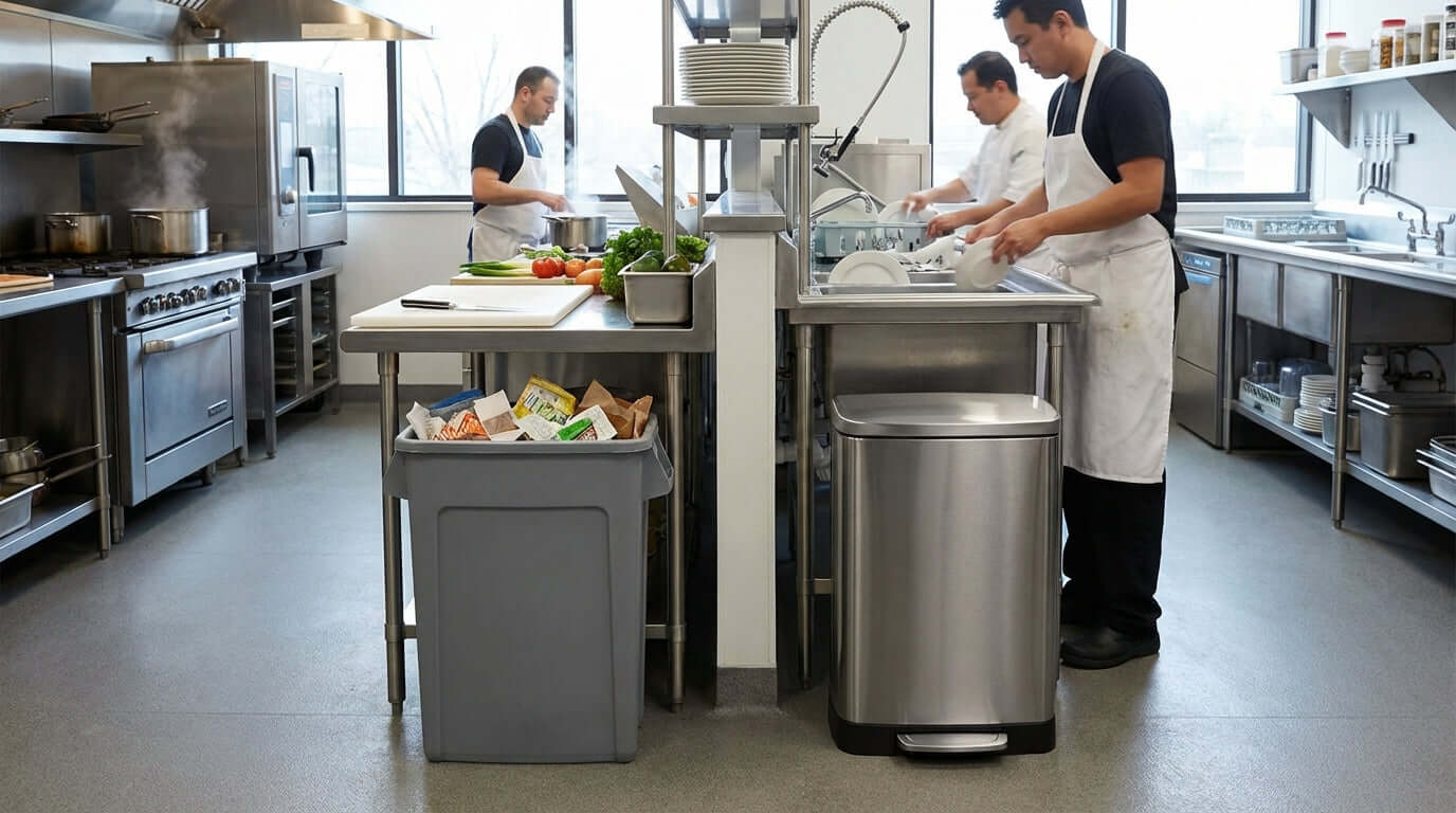 Material Matters: A Guide to Plastic vs. Metal Deskside Cans for Commercial Use in commercial kitchen with plastic and metal trash cans by prep station