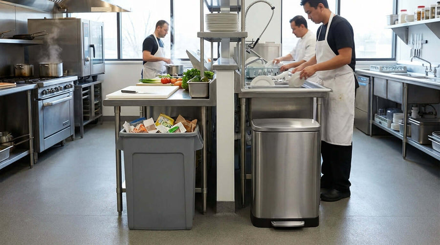 Material Matters: A Guide to Plastic vs. Metal Deskside Cans for Commercial Use in commercial kitchen with plastic and metal trash cans by prep station