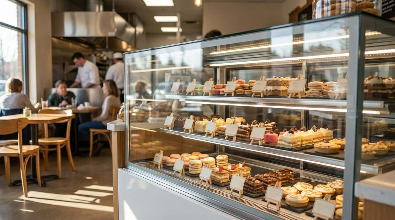 Sweet Success: 5 Merchandising Tips to Maximize Sales with Your Display Case bakery display case with pastries and desserts in cafe