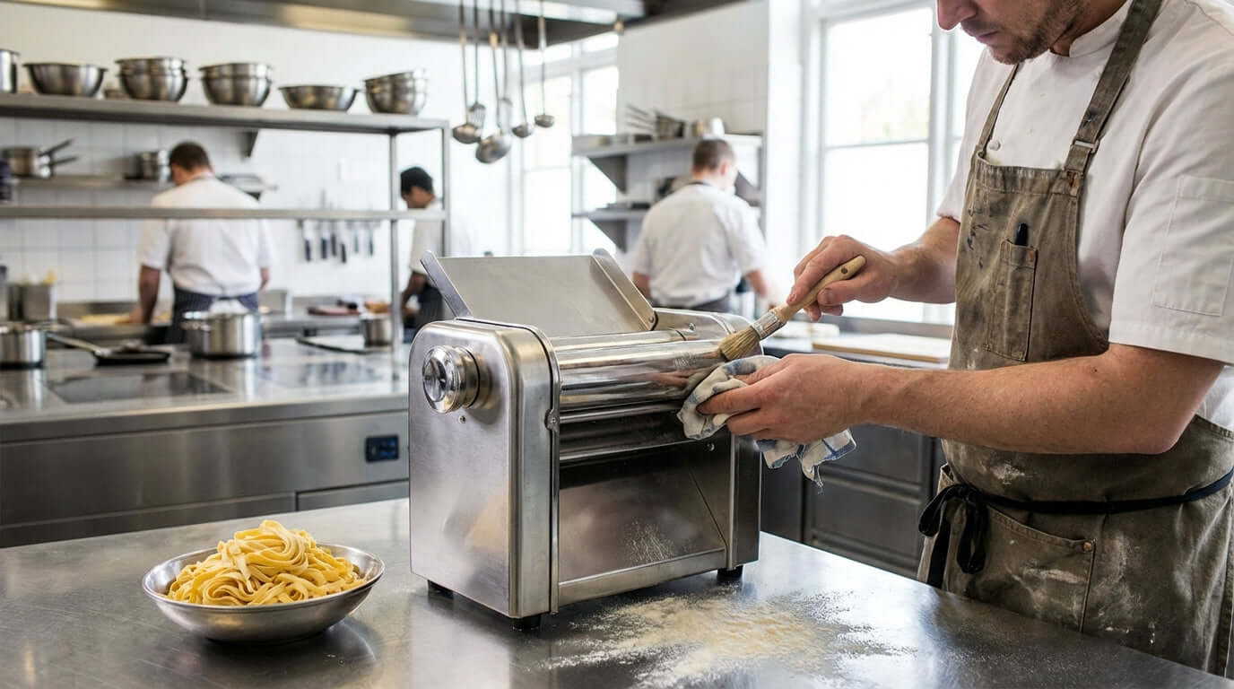 Keep it Rolling: Essential Cleaning and Maintenance for Your Pasta Sheeter - chef wiping countertop pasta sheeter rollers in commercial kitchen