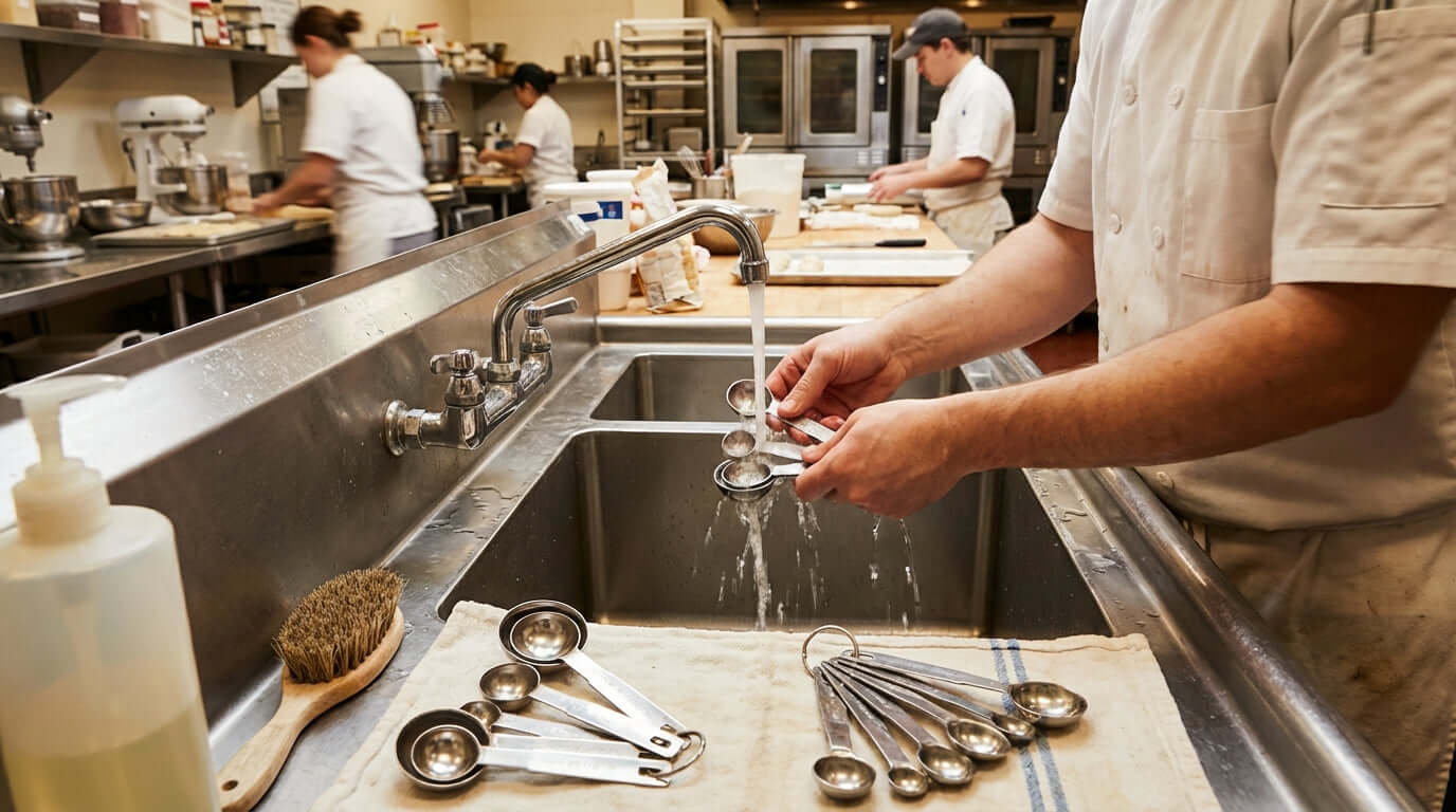 Care and Maintenance: How to Extend the Life of Your Measuring Spoons – chef washing stainless steel measuring spoons at commercial kitchen sink