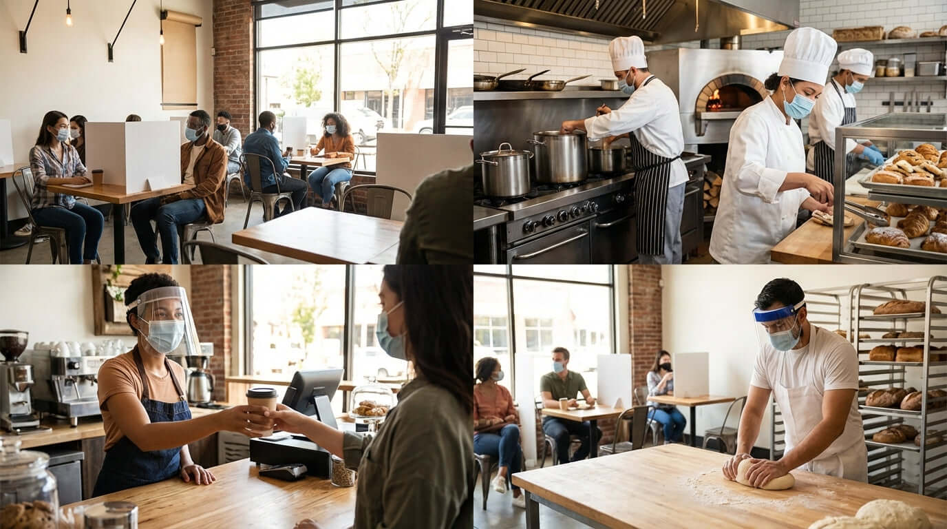 How Visible Safety Measures (Like Masks) Boost Customer Confidence with masked staff and face shields in a cafe and bakery kitchen