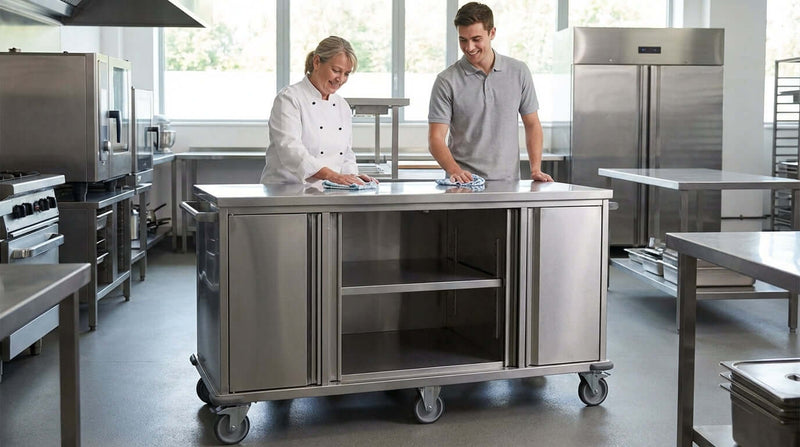 Alt Tag: Chef and staff review costs beside stainless banquet cart in commercial kitchen, premium banquet cart ROI analysis