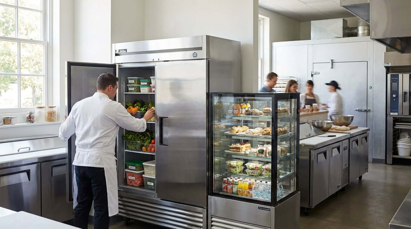 The Ultimate Buyers Guide: Choosing the Right Commercial Refrigerator in busy commercial kitchen with chef using stainless fridge