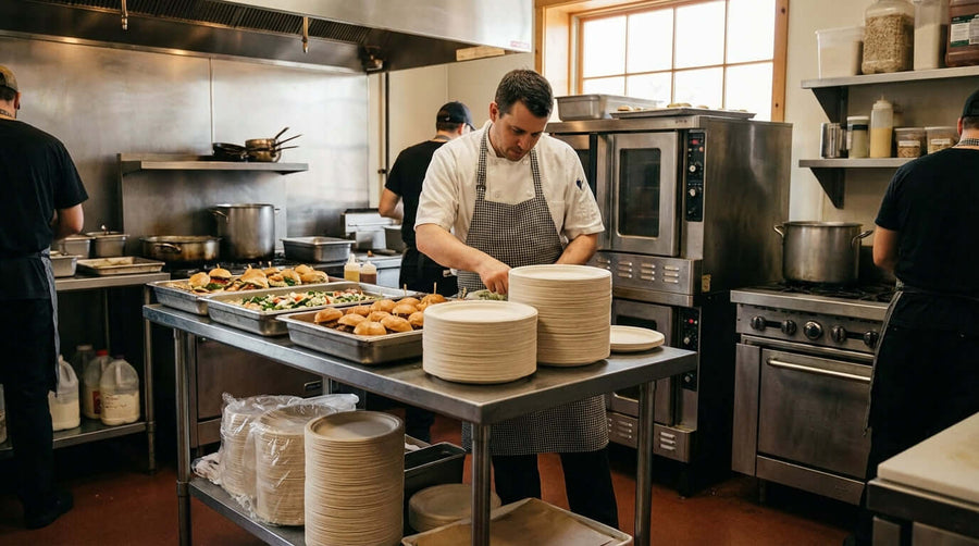 Hosting on a Budget: How Bulk Paper Plates Can Save You Time and Money - chef prepping catering with stacks of bulk paper plates