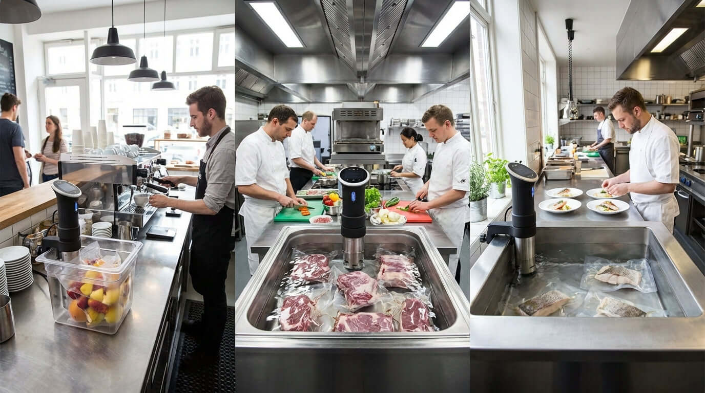 Choosing the Right Commercial Immersion Circulator for Your Kitchens Volume in a busy restaurant kitchen using sous vide circulators