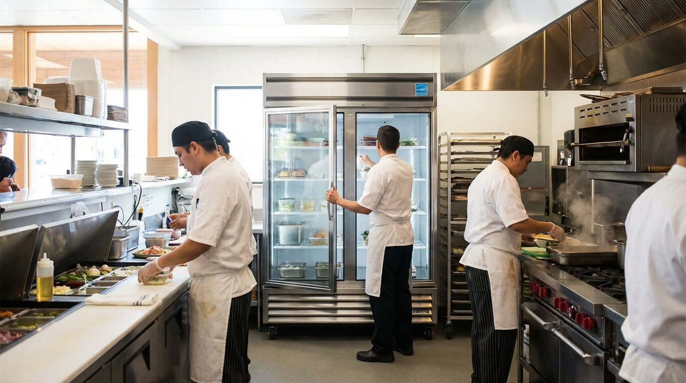 How an ENERGY STAR Commercial Refrigerator Can Slash Your Utility Bills in a busy commercial kitchen with staff prepping food beside glass-door fridge