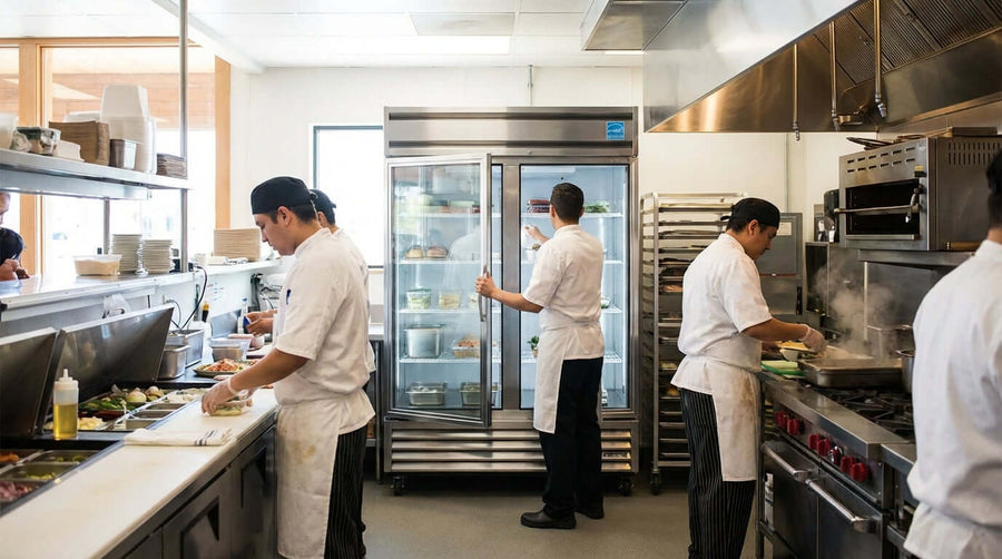 How an ENERGY STAR Commercial Refrigerator Can Slash Your Utility Bills in a busy commercial kitchen with staff prepping food beside glass-door fridge