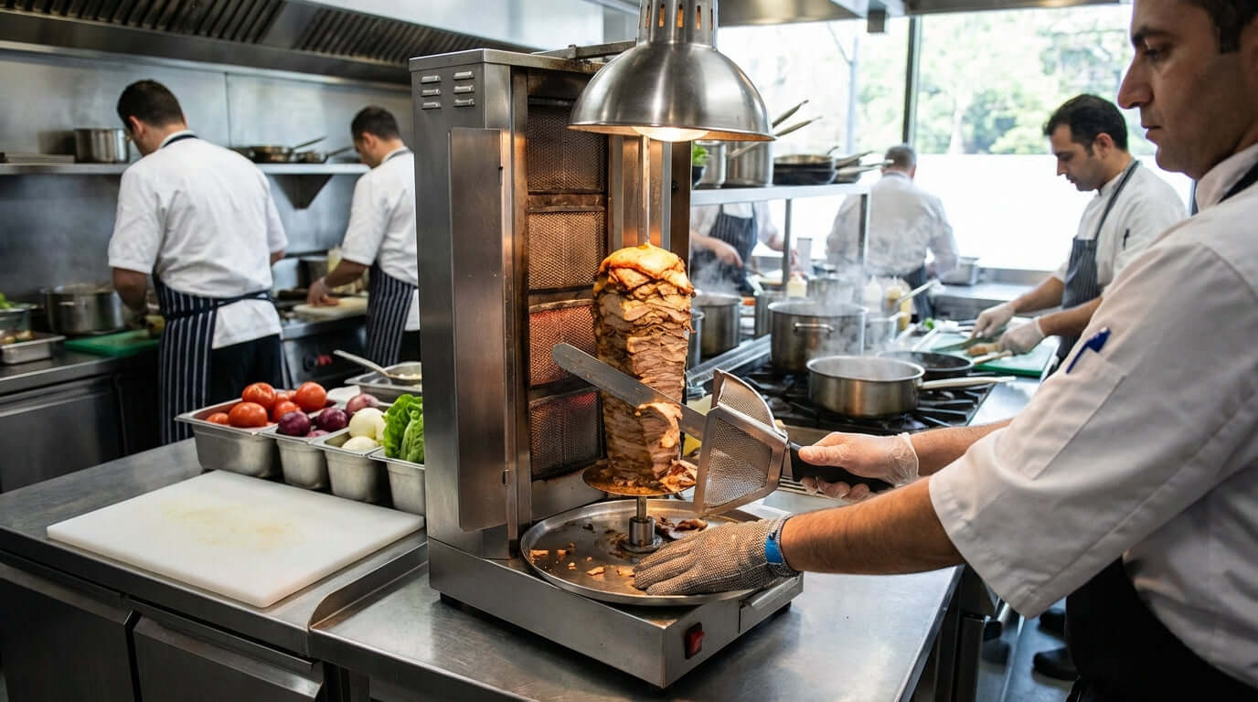 Alt Tag: Safety First: Essential Tips for Operating a Kebab Slicer in a Busy Kitchen electric kebab slicer in busy commercial kitchen