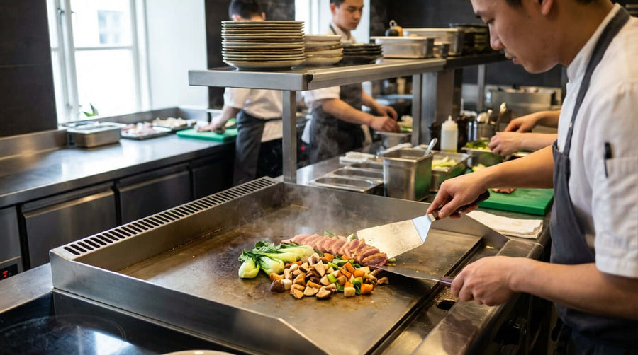 Beyond Steak and Shrimp: 10 Creative Menu Ideas for Your Teppanyaki Griddle chef cooking vegetables and meat on teppanyaki griddle