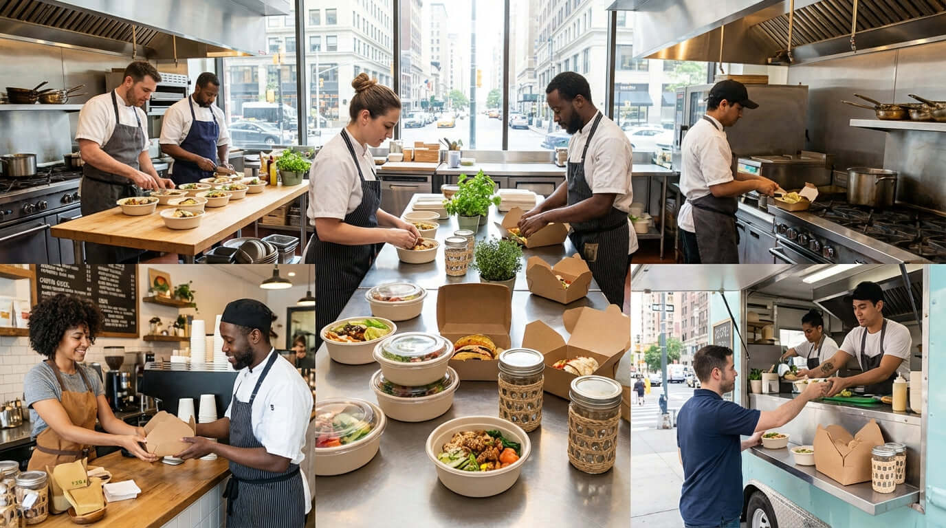 Beyond the Box: How the Right Takeout Container Can Boost Your Brand, chefs packing branded takeout containers and food bowls for delivery
