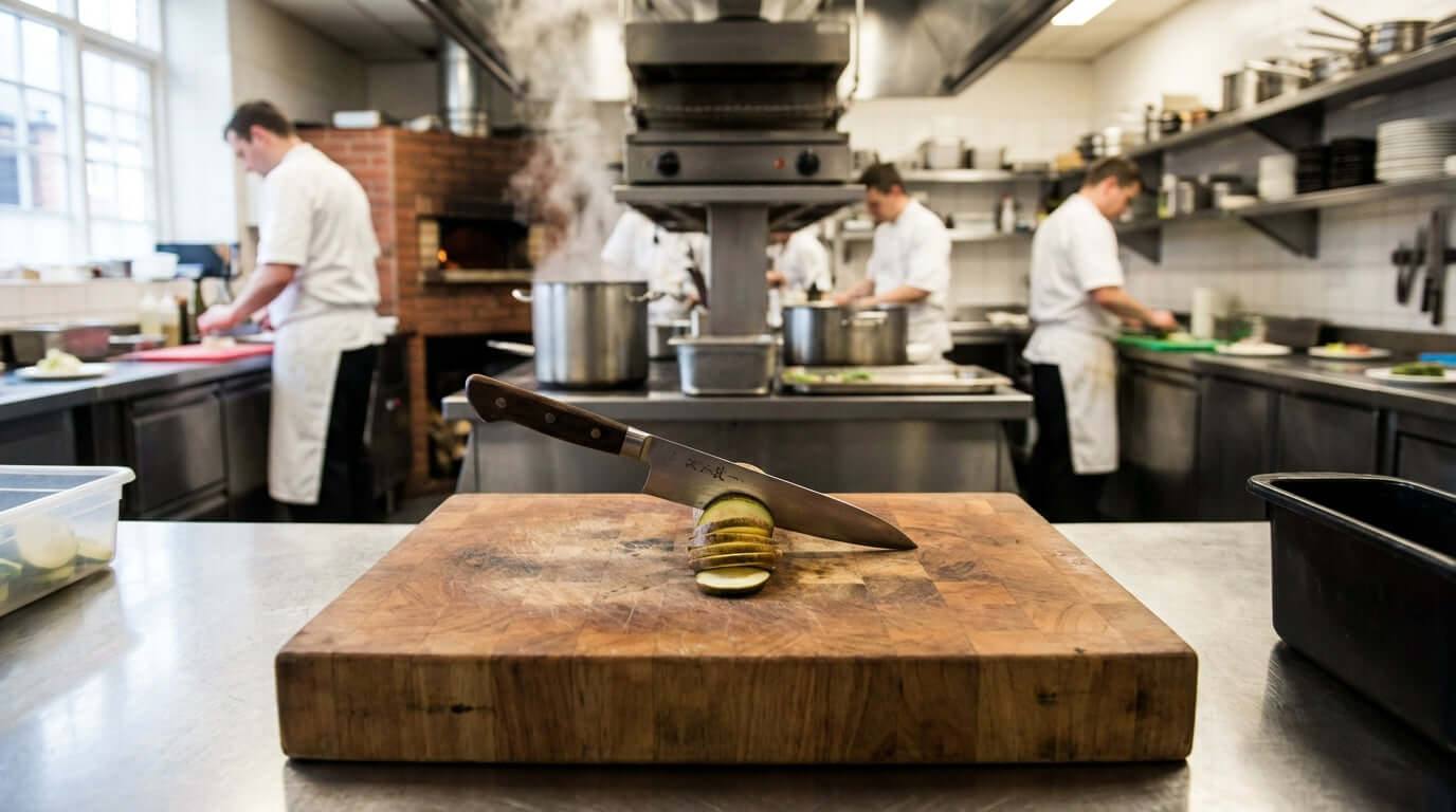 Are Your Cutting Boards Damaging Your Expensive Knives? knife on wooden cutting board in professional kitchen showing edge wear risk