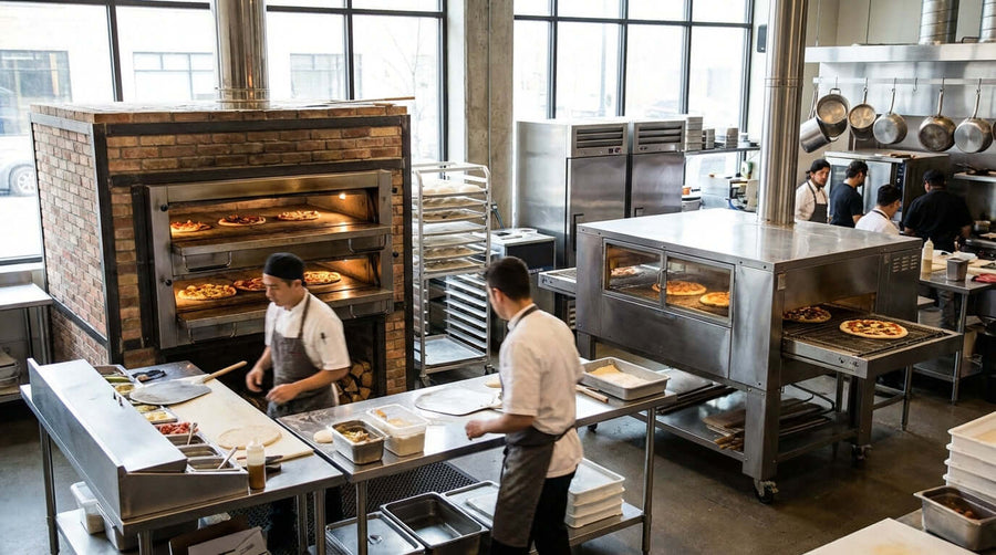 Deck vs. Conveyor: Which Commercial Pizza Oven is Right for Your Business? busy pizzeria kitchen with deck ovens and conveyor pizza oven