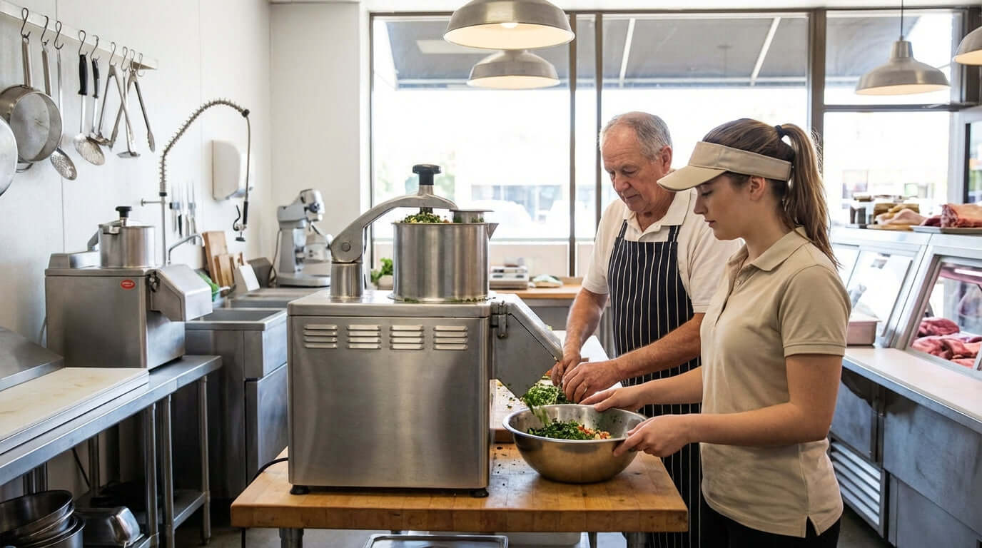Commercial kitchen staff demonstrating creative uses for a professional food processor while prepping vegetables at a stainless steel workstation