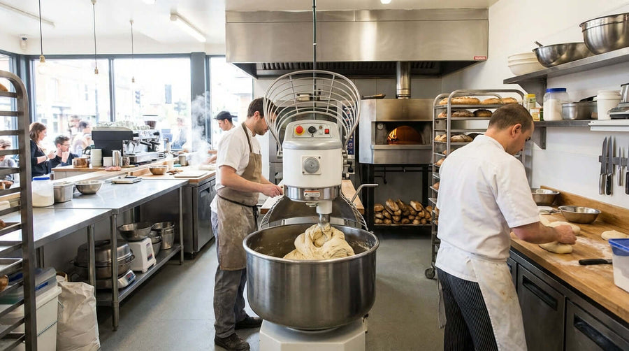commercial mixer ROI savings in busy bakery kitchen with staff mixing dough and prepping bread to cut labor costs and boost profits
