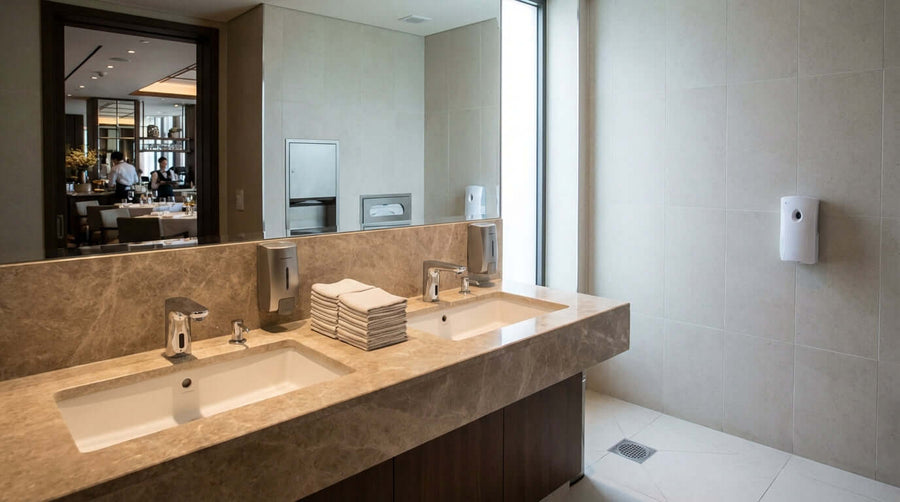 Your Essential Restroom Hygiene Checklist for a 5-Star Customer Rating—clean modern restroom with dual sinks, soap dispenser, towels, odor control