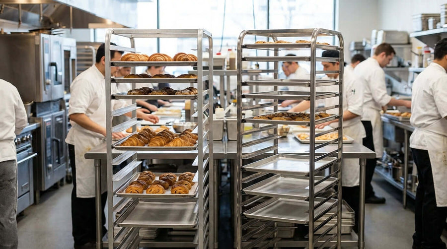 Commercial bakery kitchen with sheet pan racks in use – Aluminum vs. Stainless Steel: Which Sheet Pan Rack is Right for Your Business?