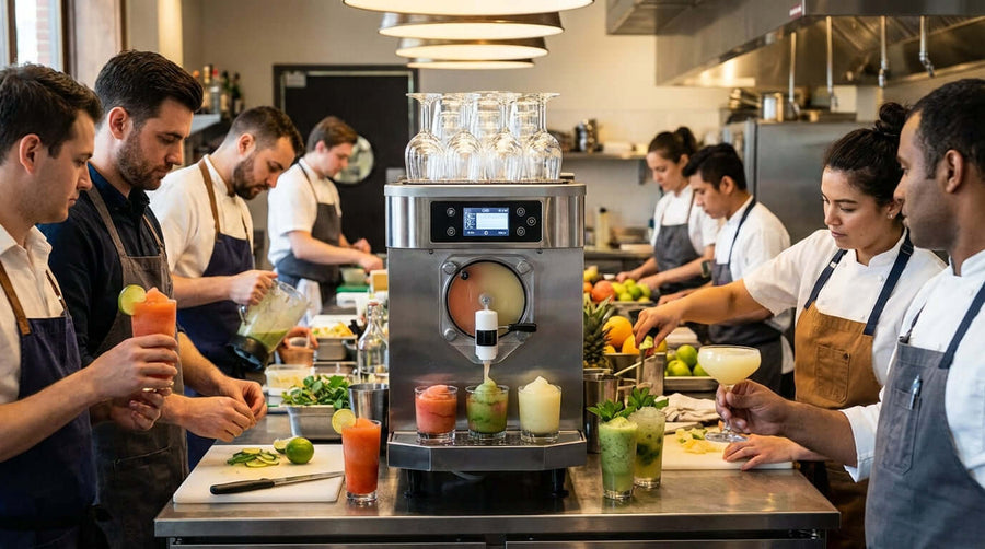 Alt Tag: Beyond the Blue Raspberry: 10 Creative Frozen Cocktail & Slushie Recipes, bartenders prepping frozen cocktails and slushies in busy bar