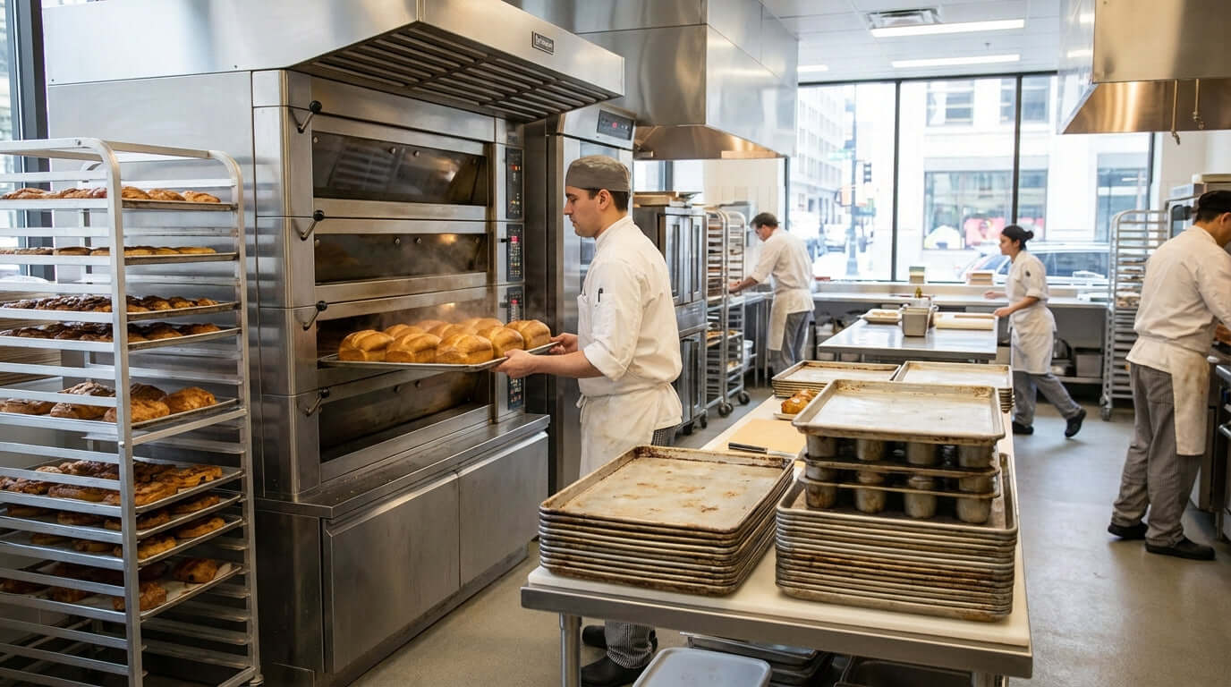 Maximizing Efficiency: How Investing in Quality Bakeware Impacts Your Bottom Line in a commercial bakery with bakers loading racks into ovens