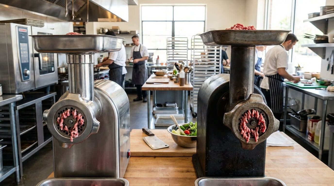 Alt Tag: Stainless Steel vs. Carbon Steel: Which Grinder Plate is Best for Your Business? comparing commercial meat grinders in a kitchen