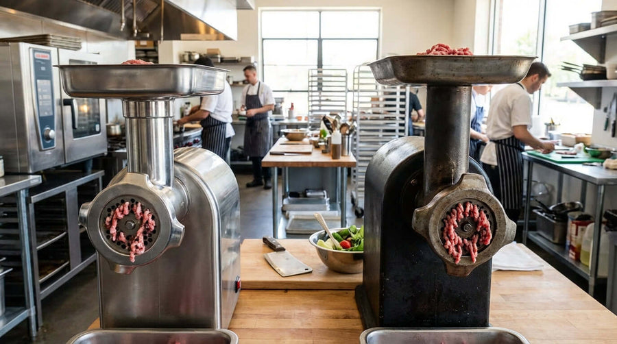 Alt Tag: Stainless Steel vs. Carbon Steel: Which Grinder Plate is Best for Your Business? comparing commercial meat grinders in a kitchen
