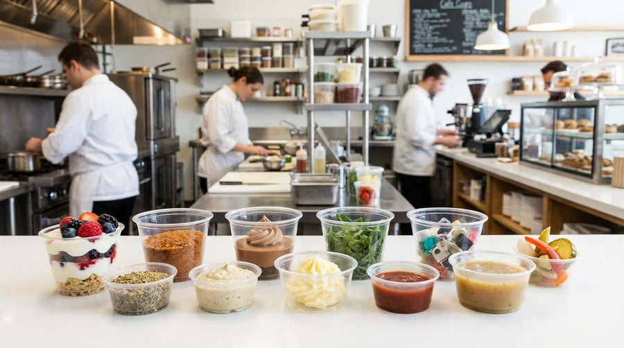 creative uses for portion cups in restaurant kitchen prep line with sauces, toppings, and ingredients in takeout portion cups