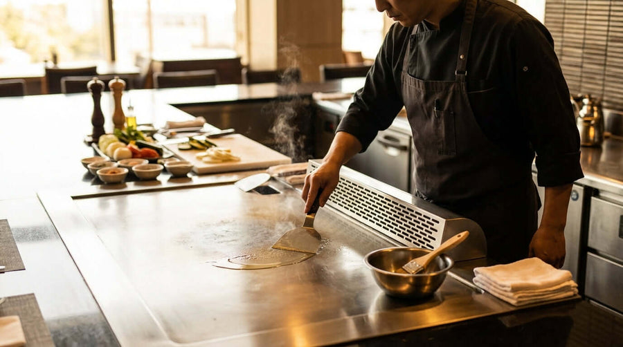 The Ultimate Guide to Seasoning and Maintaining Your Commercial Teppanyaki Grill - chef seasoning and cleaning commercial teppanyaki flat top grill