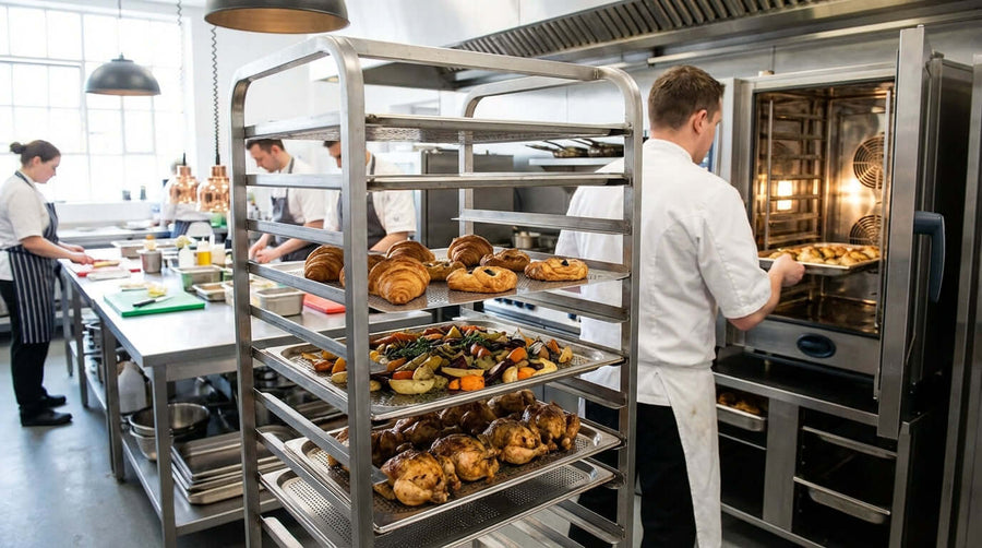 From Baking to Roasting: How Combi Oven Racks Can Revolutionize Your Menu in commercial kitchen with chefs loading combi oven racks
