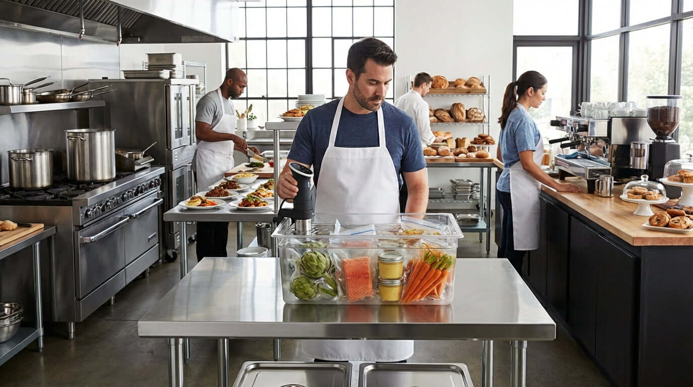Beyond Steak: 10 Unexpected Menu Items You Can Perfect with Sous Vide chef prepping sous vide bags with vegetables in a professional kitchen