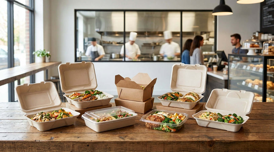 Alt Tag: 5 Ways Eco-Friendly Takeout Containers Can Boost Your Restaurants Brand Image with compostable takeout boxes and fresh meals on restaurant table