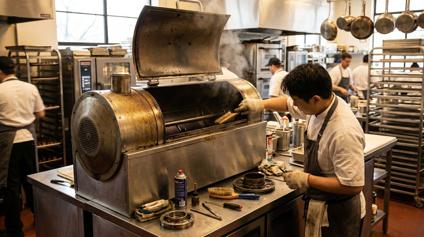 Keep Your Roaster Running: Essential Maintenance for Your Chestnut Machine - technician cleaning and inspecting commercial chestnut roaster in kitchen