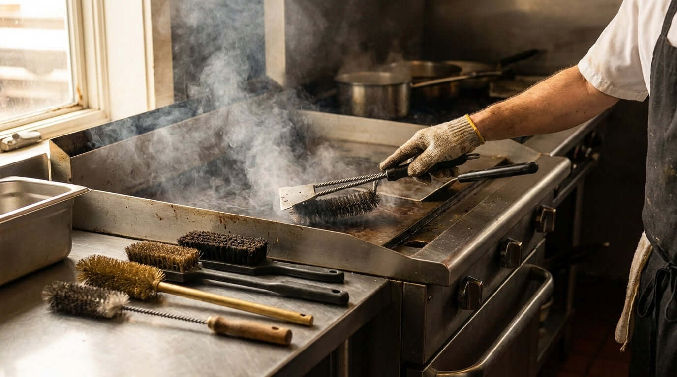 The Right Brush for the Job: Conquering Grease and Grime on Your Grill – chef scrubbing hot commercial grill with wire brush
