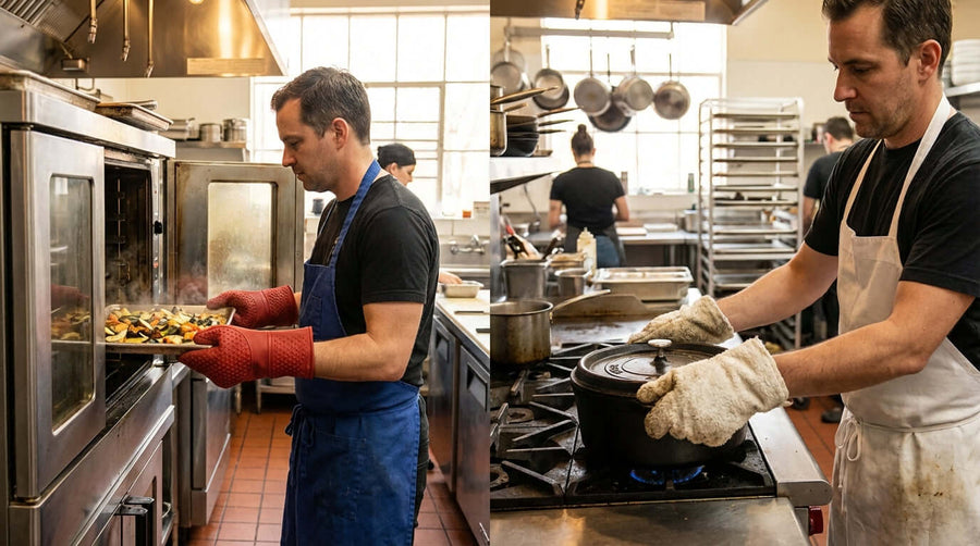 Silicone vs. Terry Cloth: Choosing the Best Oven Mitts for Your Commercial Kitchen - chefs using silicone and terry cloth oven mitts in busy kitchen