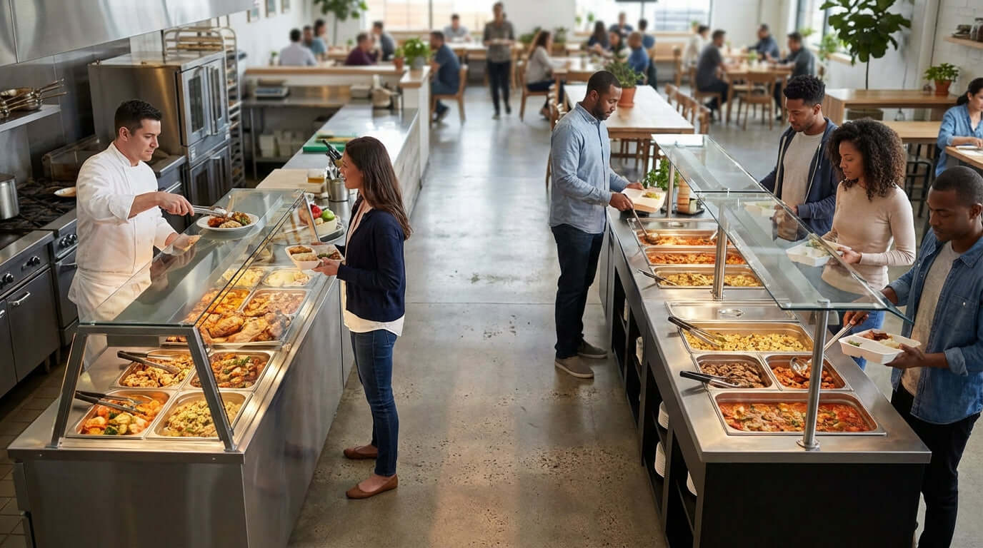 Service complet vs. libre-service : quel modèle d’affichage chaud vous convient le mieux? Comptoir d’exposition de nourriture chaude à la cafétéria avec le personnel servant les clients